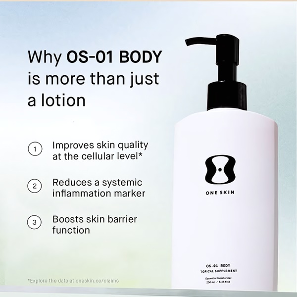 A clean, minimalist 1:1 square graphic that positions a moisturizer as a topical supplement by highlighting three clinical health benefits.